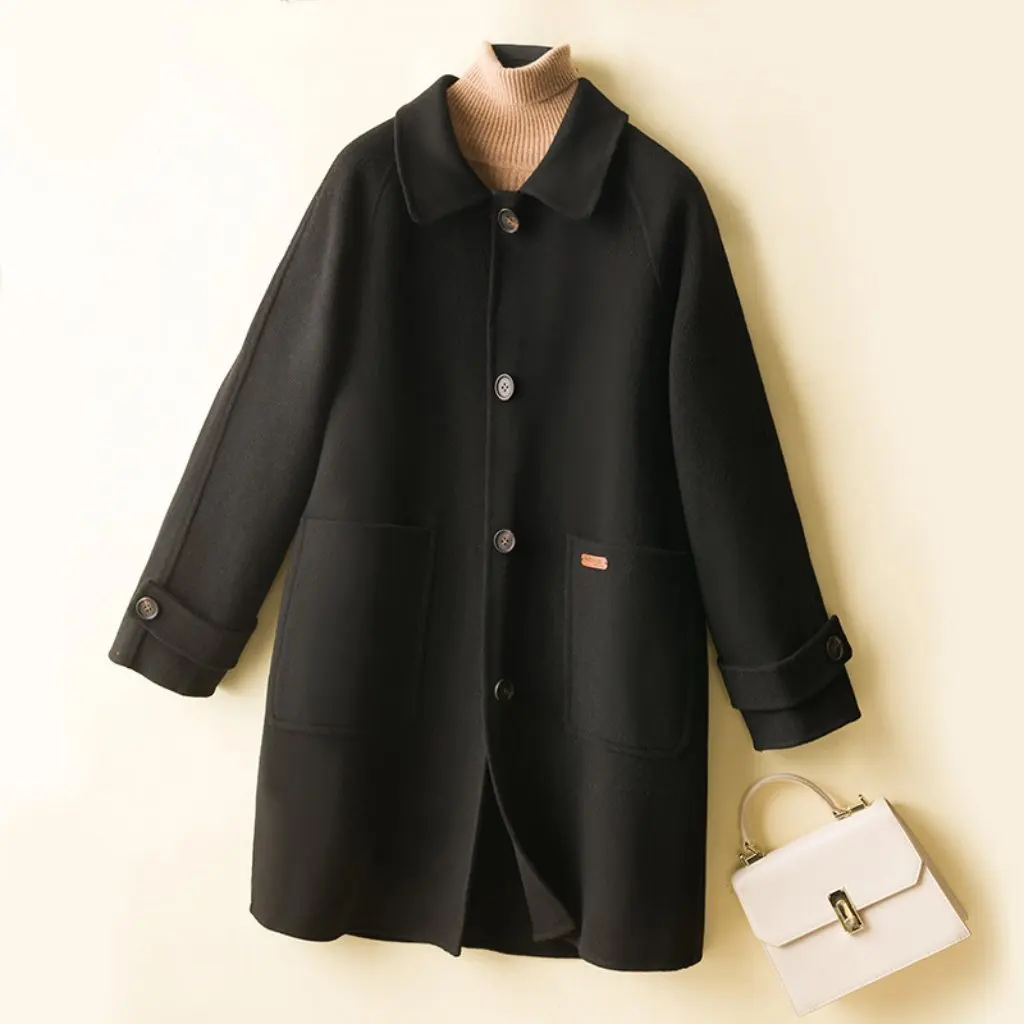 

Women's Double-Sided Wool Coat Fashion Simple A-Line Outerwear Long Elegant Hair-Generative Coat for All Seasons