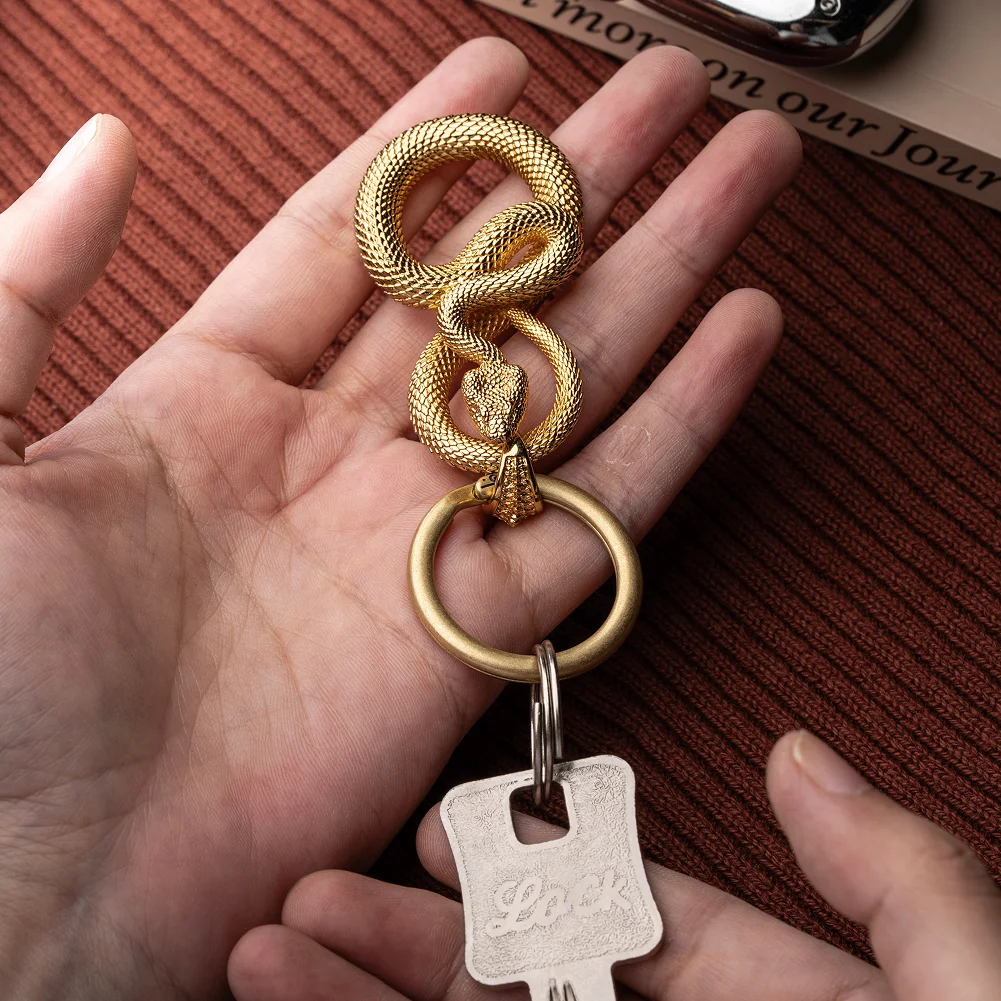COPPERTIST.WU Snake Keychain w Key Ring 24k Gold Plated Brass Novelty Key Fobs Handmade Jewelry for Men & Women