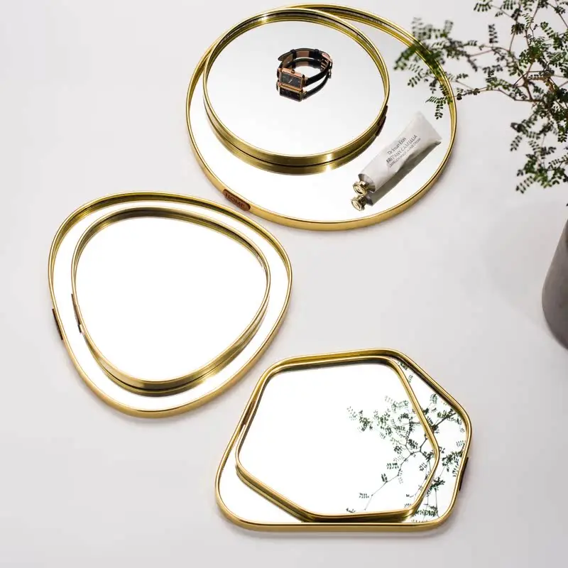 منظم مجوهرات صينية مرآة ذهبية/عرض عطر منزلي ديكور فاخر مع صينية تزيين للعلاج العطري لحمام الفندق