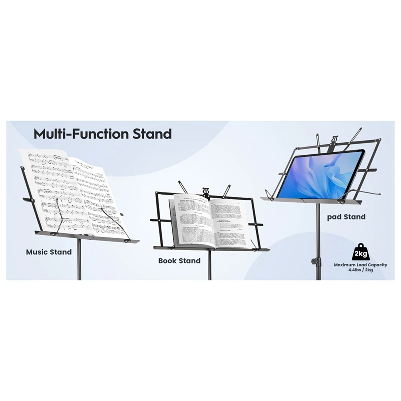 Metal Sheet Music Stand Portable, Adjustable Podium Stand With Tripod Base And Sheet Music Folder, Easy To Use - Black