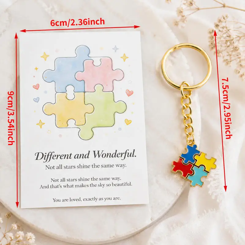 20Keychain+Card Set Autism Awareness Inspirational Theme Puzzle Email Keychain Gift Set，Colorful metal puzzle keychain，With gold