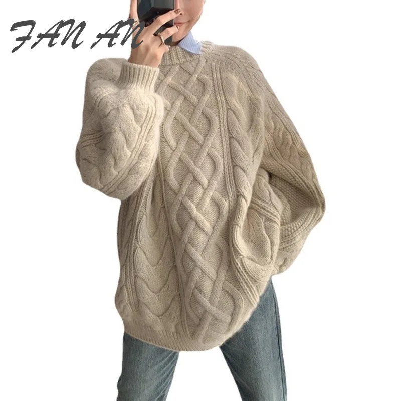 FANAN Autumn Winter 2024 New Thick Knit Sweater Women's Loose Lazy Round Neck Thickened Fried Dough Twists Pullover Knit