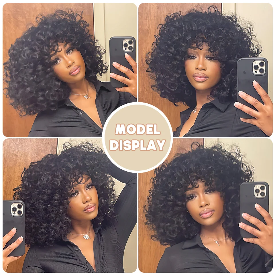 Synthetic Hair Short Afro Kinky Curly Wigs with Bangs For Black Women Cosplay Natural Hair Ombre Mixed Brown Blonde Wig