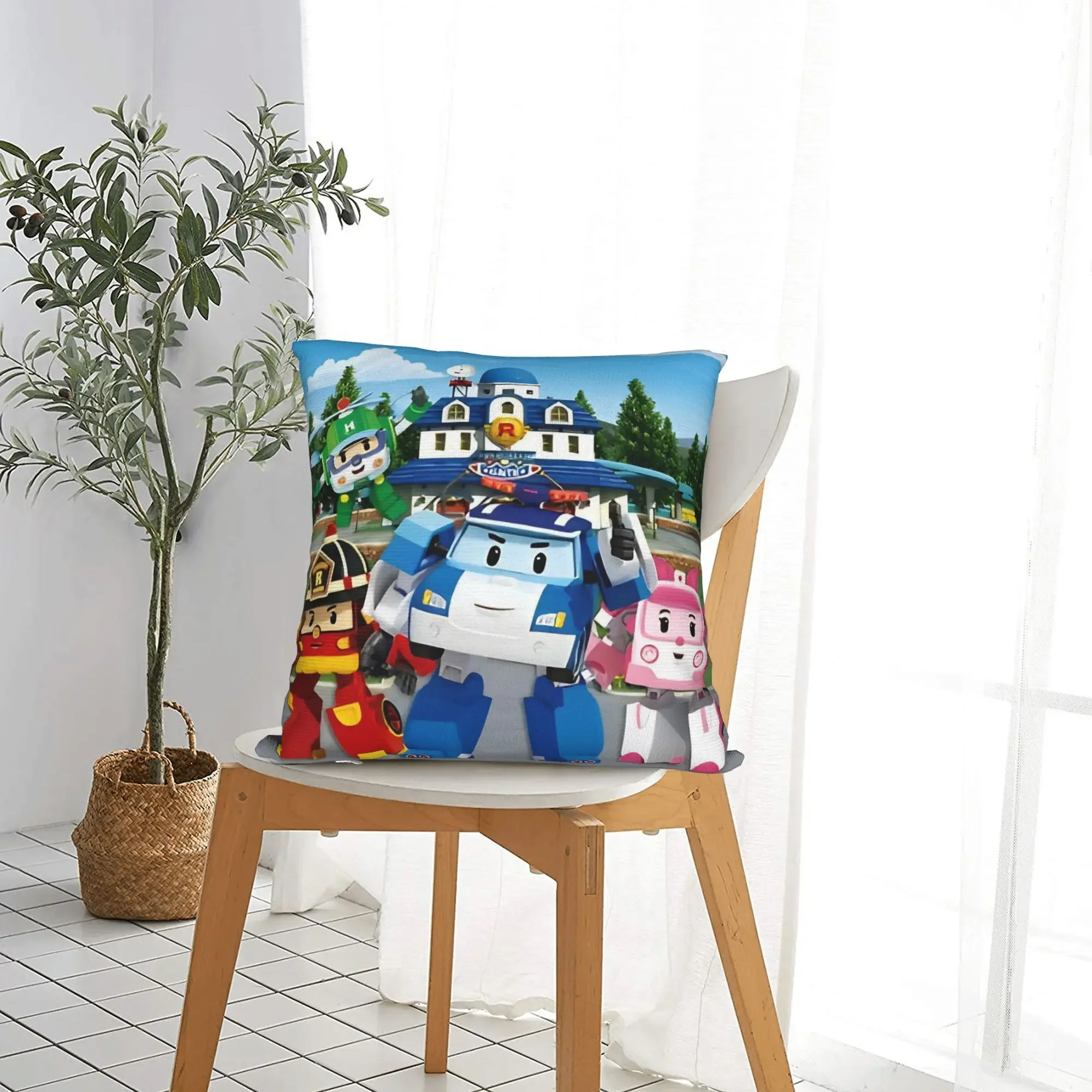 Robocars Polis Square Pillow Covers Polyester Seat Roy Poli Amber  Cushion Cover Cute Decorative Throw Pillow Case 40*40