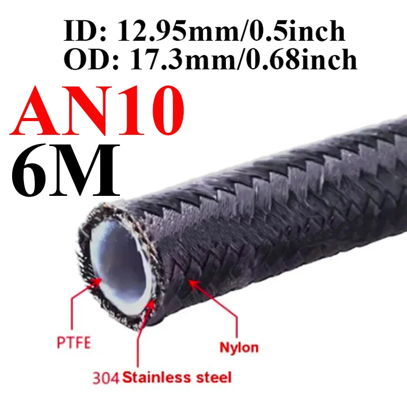 6M/20FT AN3 AN4 AN6 AN8 AN10 Zwarte brandstofslang olie gas koeler leiding pijp buis binnenkant PTFE nylon roestvrij staal dubbel gevlochten