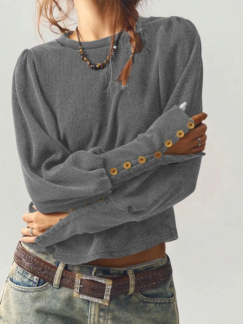 Women Autumn Winter Waffle Knit Sweatshirt Solid Long Sleeve Button Cuff Cropped Top Vintage Loose Casual Warm Pullover Blouse