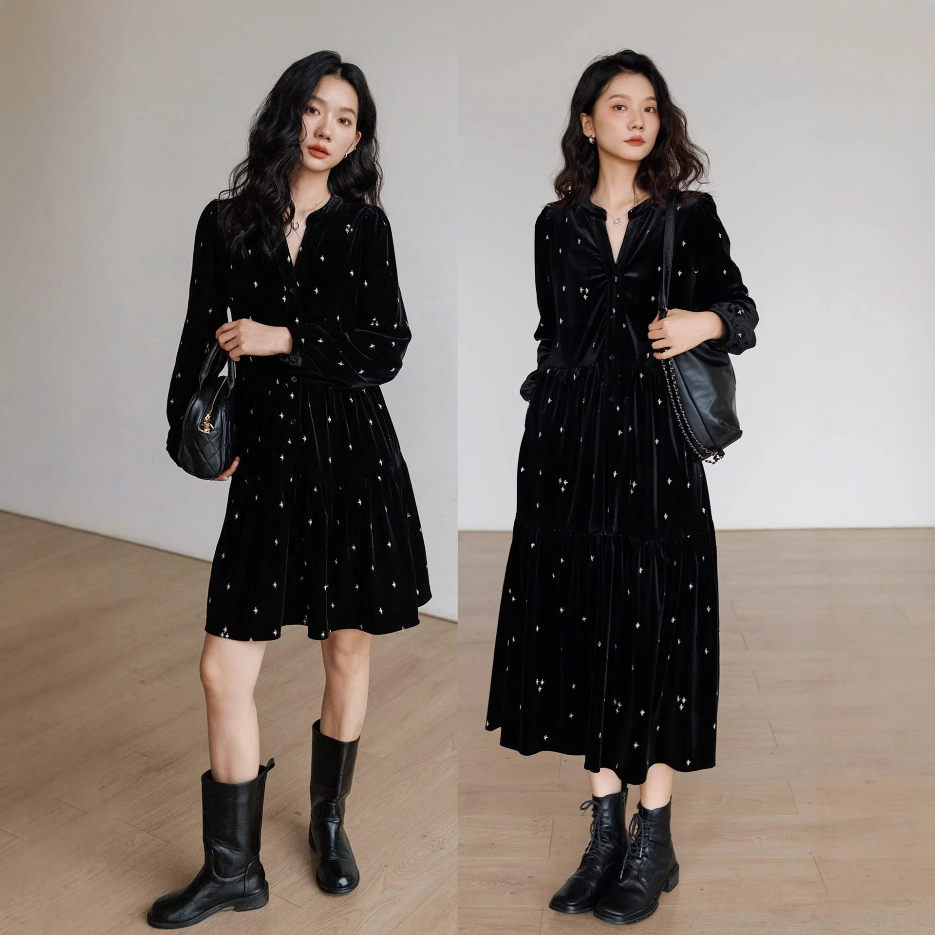 

French star print large size loose and thin autumn and winter velvet dress retro V-neck long-sleeved A-shaped skirt