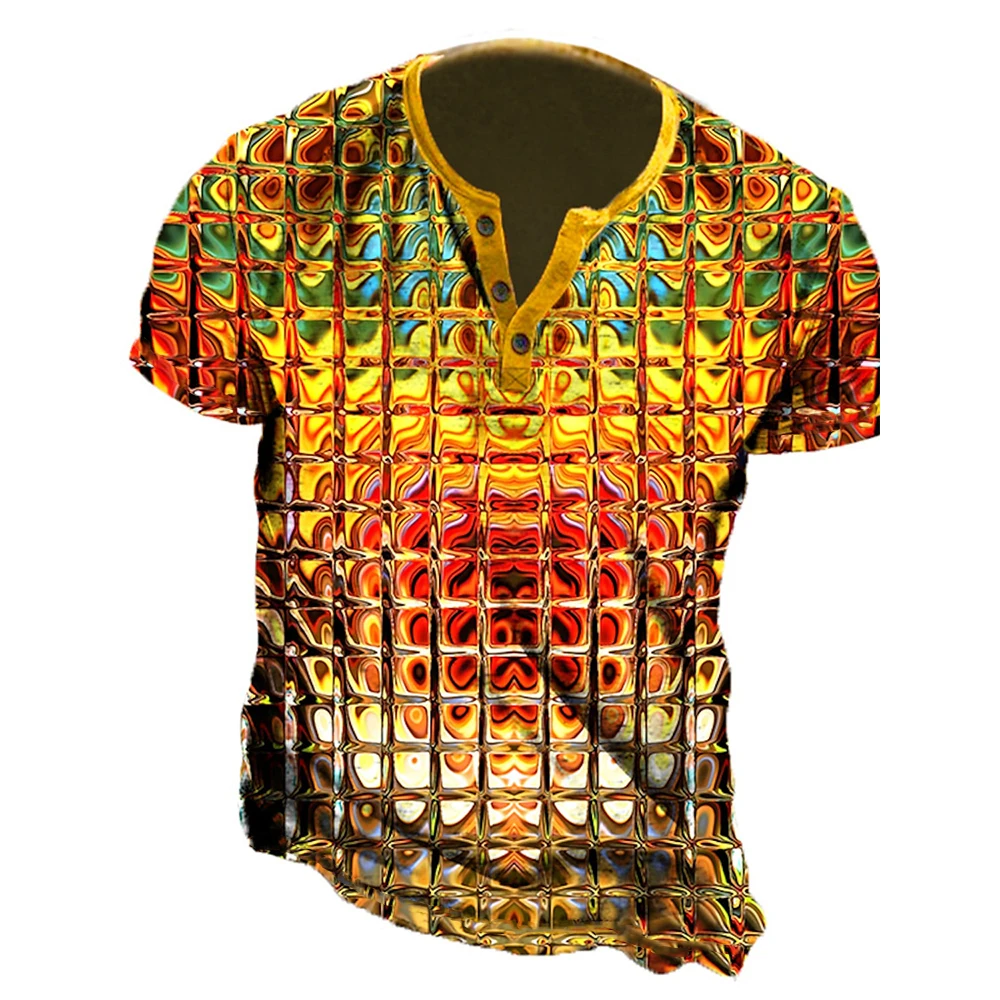 Farbverlauf Henley Shirts abstrakte 3d gedruckt Männer Vintage Streetwear Button-Down Kurzarm T-Shirt Mann männliche T-Shirts Tops Kleidung