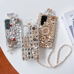 Crossbody Rhinestone Perfume Bottle Shape Phone Case For Samsung S23 S22 S21 S20 Ultra S10 S20 Note 20 10 Crystal Flowers Cover