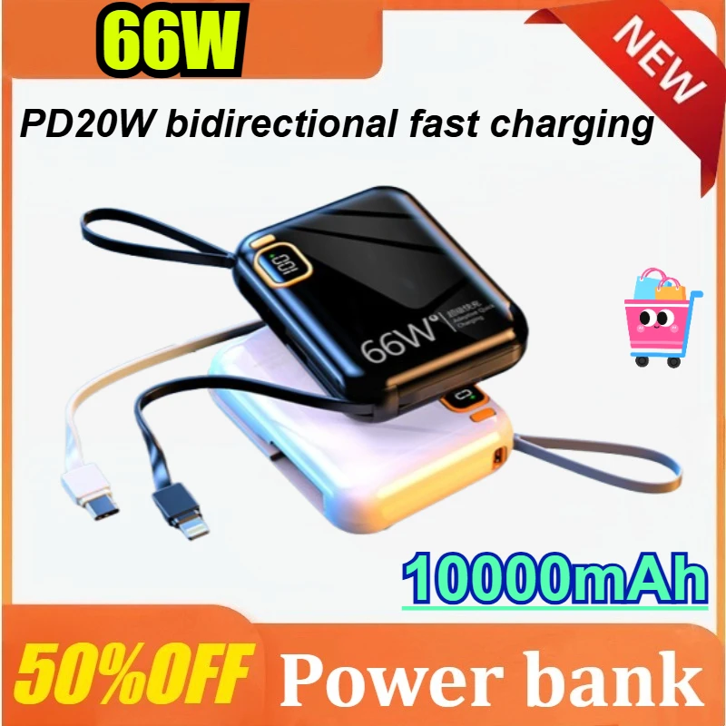 

10000mAh 66W Portable Power Bank High Capacity Cable Two-way Fast Charging Mini Powerbank For Xiaomi for IPhone for Samsung
