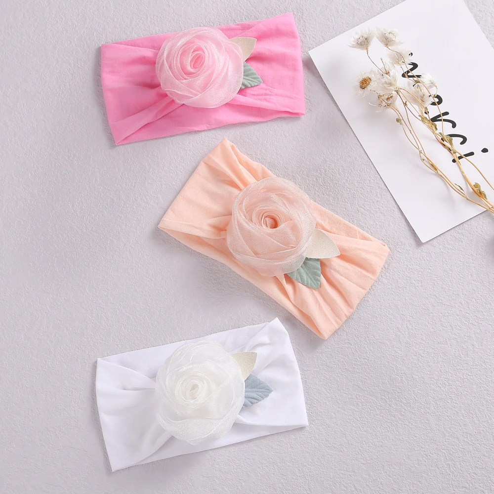 Fashion Lace Flower Baby Girls Headband Knit Nylon Hairband Kids Rose Headwear Newborn Hair Accessories Holiday Gift Photo Props