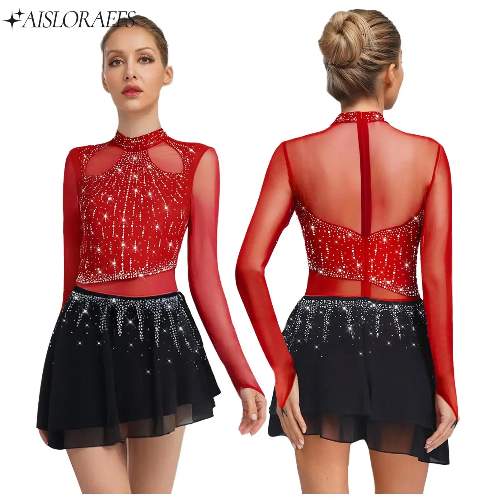 

Womens Lyrcial Dance Dress Shiny Rhinestone Long Sleeve Chiffon Skirt Bodysuit Dress Figure Skating Modern Dance Clothes Costume