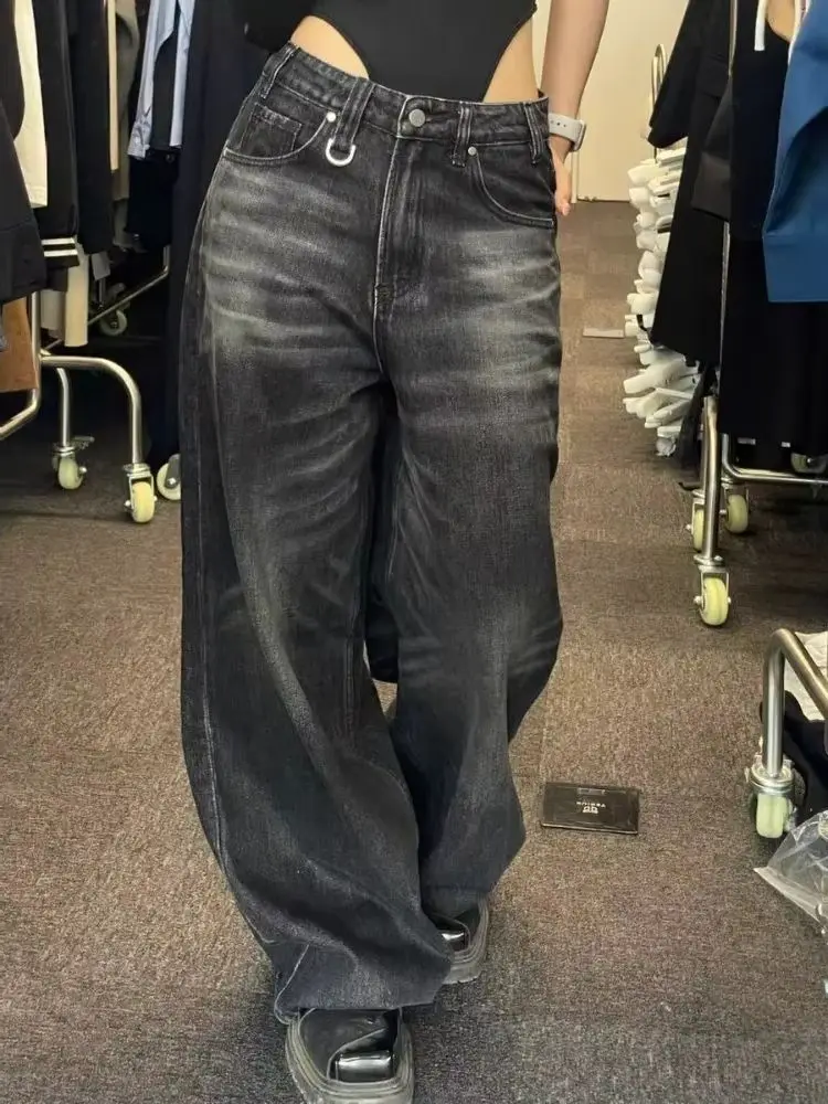 Jean Vintage noir à jambes larges pour femmes, surdimensionné, mode coréenne, Baggy, pantalon en Denim, Grunge Y2k, Hip Hop