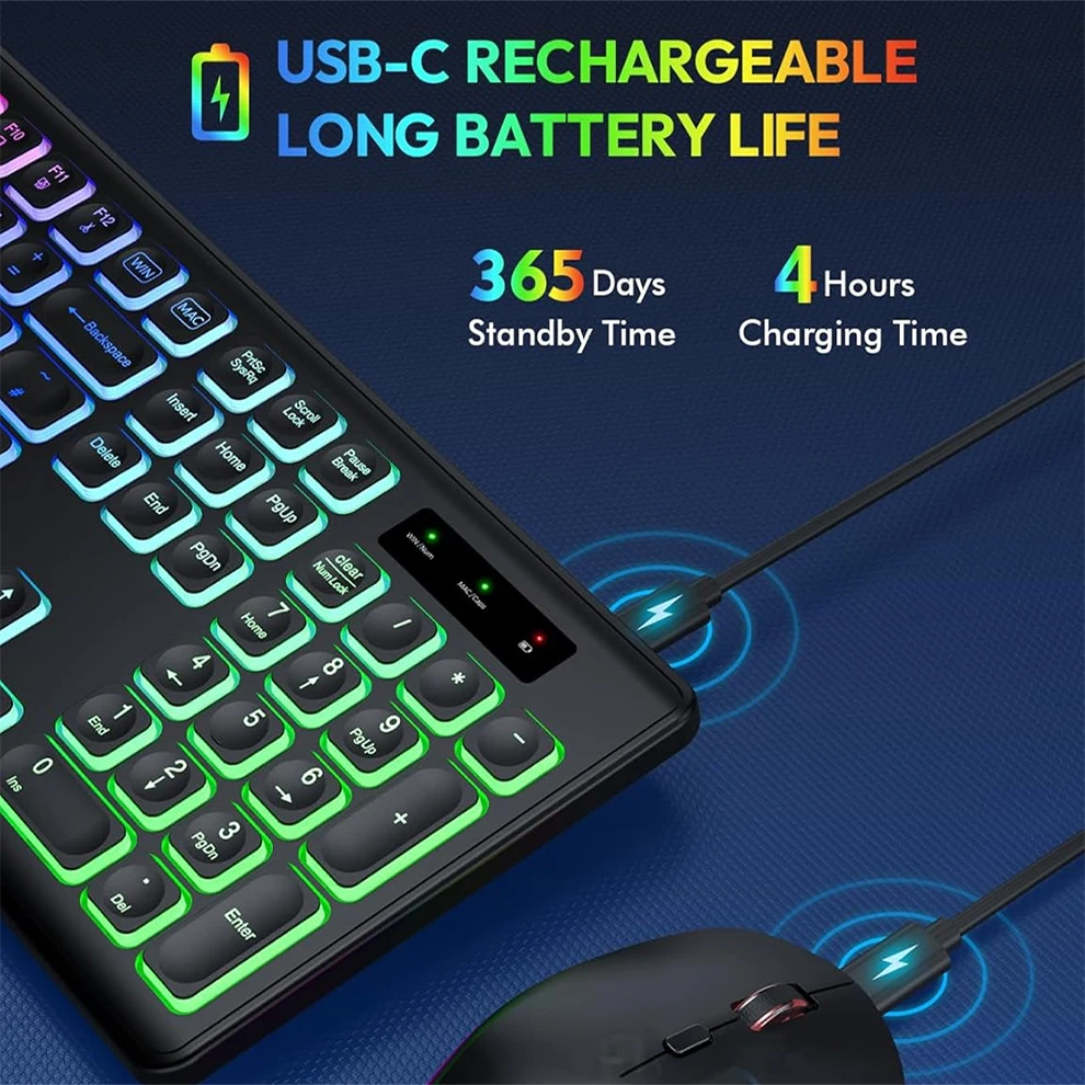 Imagem -04 - Teclado e Mouse sem Fio de Retroiluminação Recarregável Teclado e Mouse sem Fio Silencioso Combo para Windows pc e Laptop Tamanho Completo Usb-c 2.4ghz