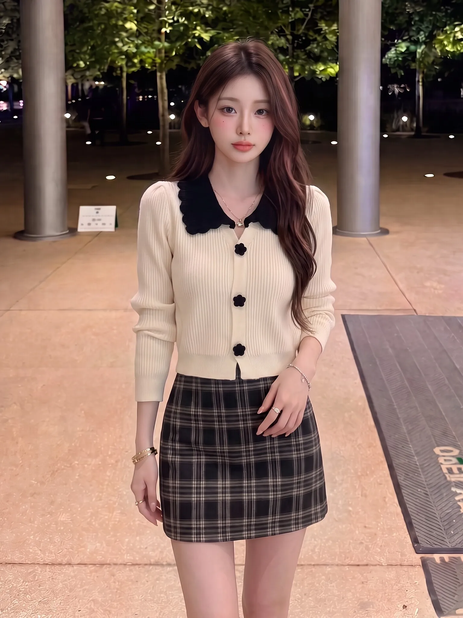 plus Size Women's College Style Black Doll Collar Hook Knitted Open Cardigan Loose Slimming Sweater Trendy Autumn New Arrival