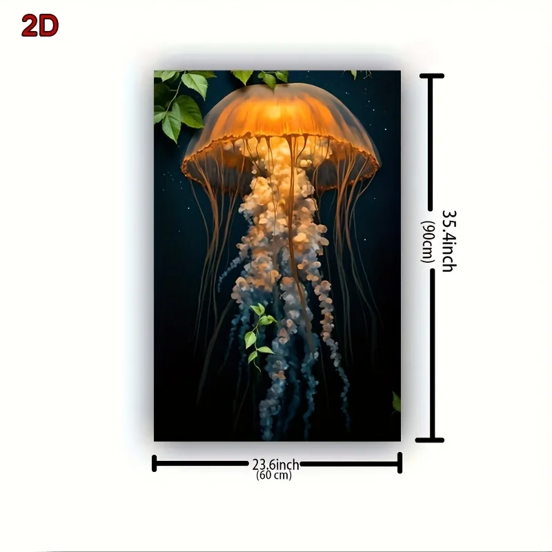 2D Flat Print, Frameless Canvas Art - Giant Jellyfish in Deep Sea, Ocean Biome Theme, Unframed Wall Art for Living Room, Bedroom - view 6
