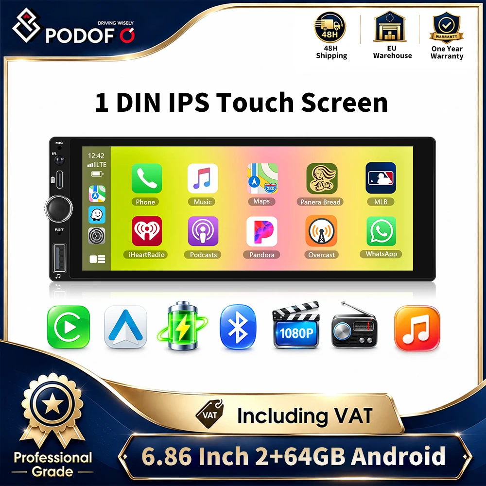Podofo, lettore multimediale per auto con sistema Android, schermo da 6,86 pollici, formato 1 DIN, con navigazione GPS, WiFi, Bluetooth, radio FM RDS, CarPlay wireless, Android Auto, funzione Mirror
