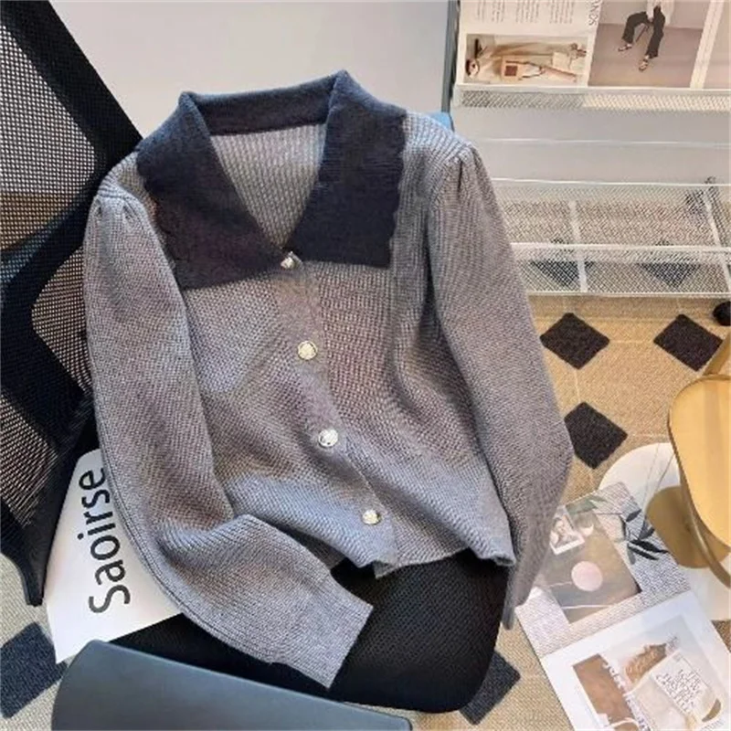 Маленький однобортный вязаный кардиган с контрастными лацканами и ароматным ветром, женский весенне-осенний новый мягкий короткий свитер, пальто