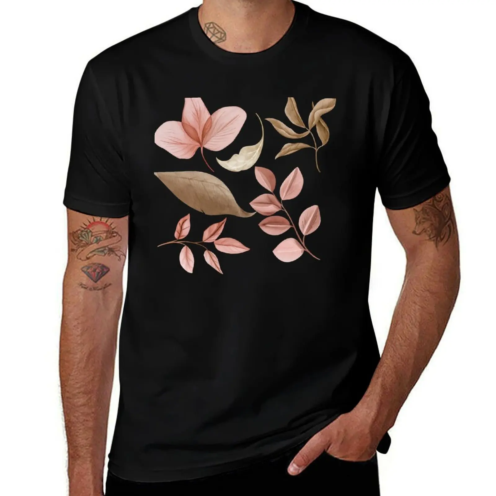 

Pink Leaves Watercolour Brown Golden T-Shirt Funny t-shirt Man t-shirt anime figures mens vintage t shirts
