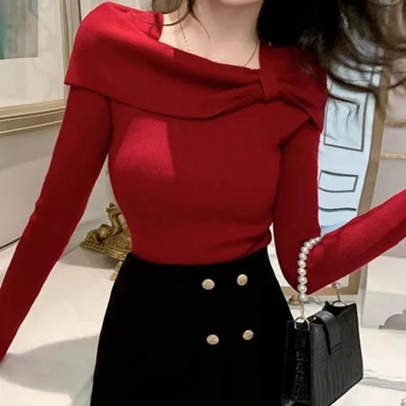 Matakawa Slash Nek Vrouwen Truien Effen Herfst Winter Mode Franse Stijl Korte Truien Elegante Zoete Retro Pull Femme