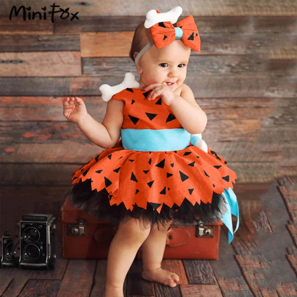 MiniFox Halloween Caveman Dress For Girls Clothes Off Shoulder Baby Dresses Historical Stone Age Party Girl Halloween Costume