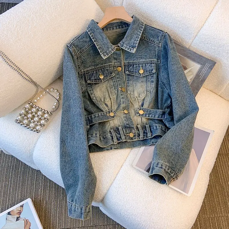 

Vintage Short Denim Jacket Women Spring And Autumn fashion Long sleeve High waist Jean coat female loose Cowboy outerwear T193