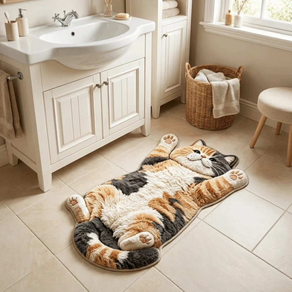 Cute 2D Cat-Shaped Area Rug Non-Slip Anti-fouling Home Decor Carpet Easy to Clean Cartoon Carpet Bedrooms