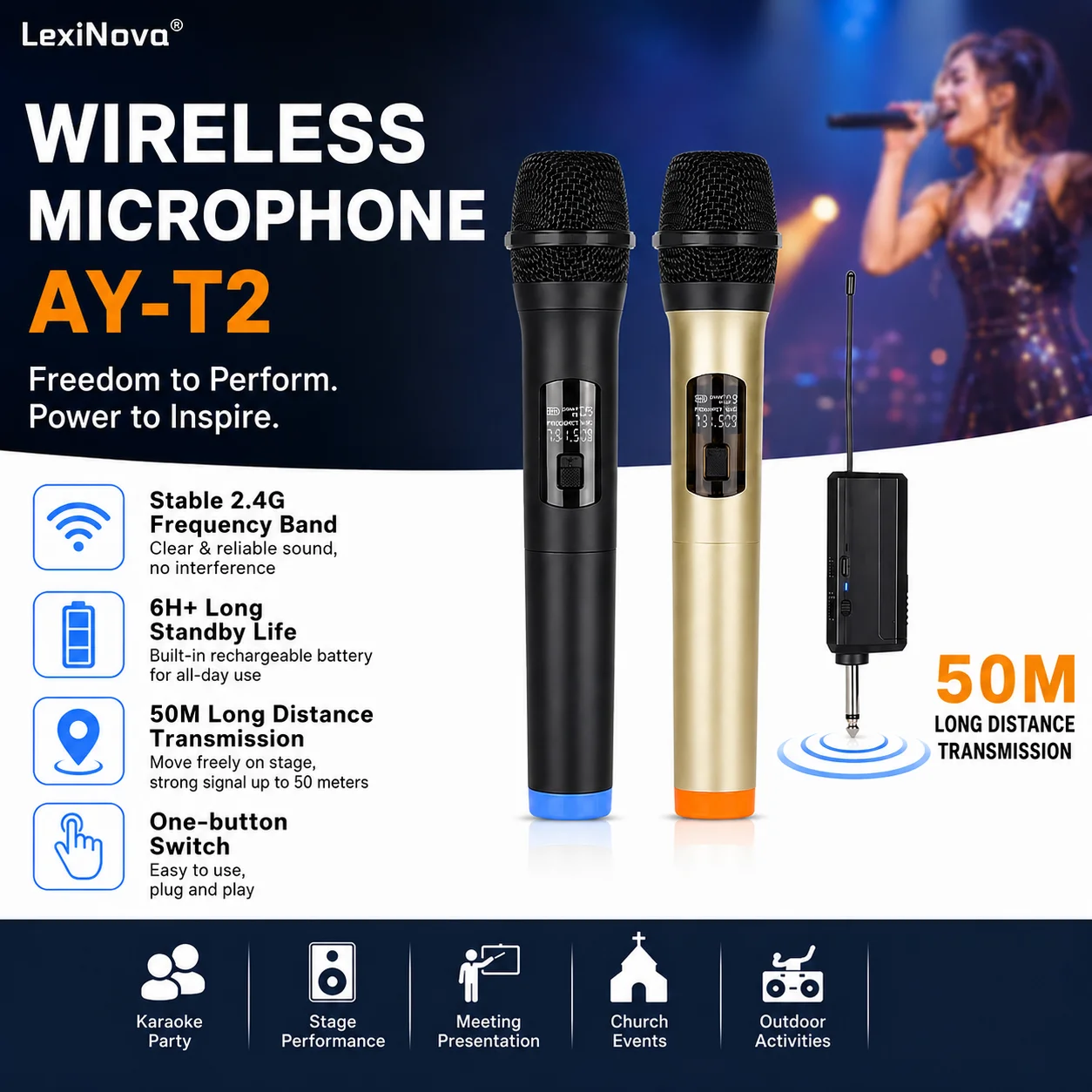 AY-T2 Professional 2.4G Wireless Microphone Stage Singing Dynamic Handheld Mic Plug and Play For Family Karaoke Vocal Recording