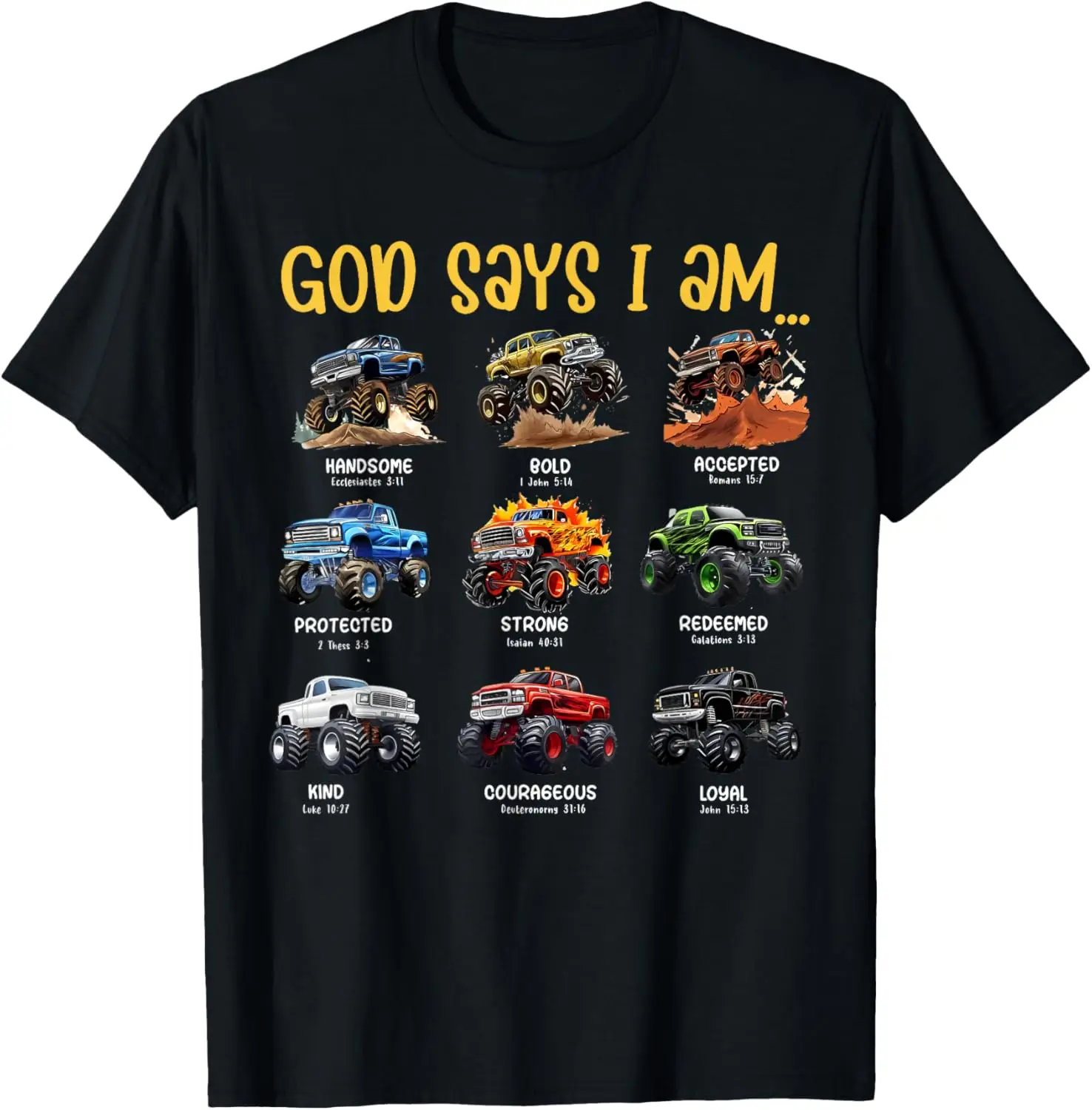God Says I Am Monster Truck Toddler Kids Bible Verse T-Shirt 100% Cotton Trendy Y2K Short-Sleeve Tee-Soft, Quick-Drying,