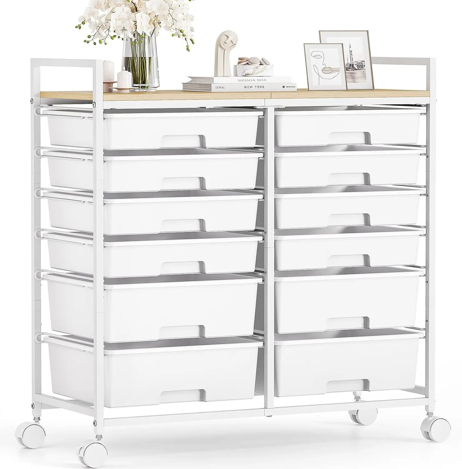 

12-Drawer Rolling Storage Cart with Wooden Top for Crafts, Office & Classroom Organization, White