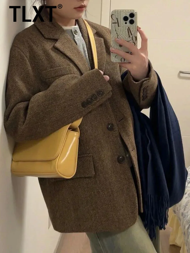 

TLXT элегантный женский коричневый шерстяной пиджак в корейском стиле с узором «елочка», однобортное пальто с длинными рукавами, новинка зимы 2023 г.