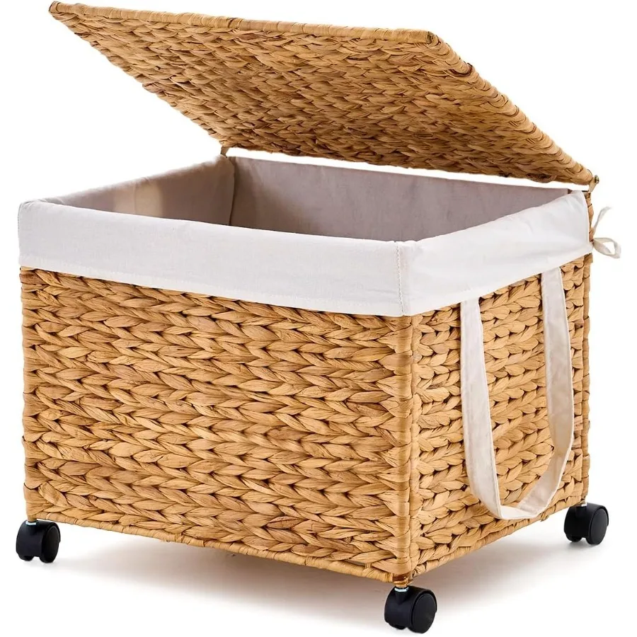 Cesto para la colada de jacinto de agua tejido a mano con tapa y ruedas para almacenamiento en dormitorio, capacidad de 60 L con bolsas con forro extraíble y 2 Me