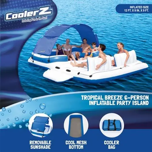 CoolerZ Tropical Breeze Party Island, Large 6 Person Adult Inflatable Lounger Lake Float