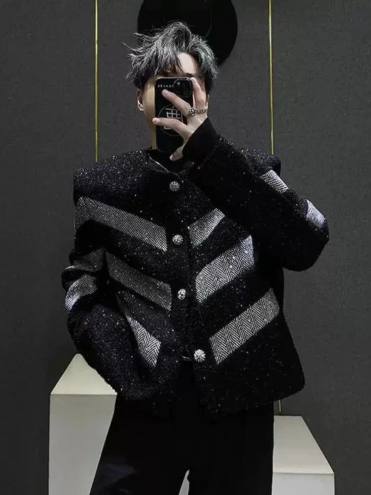 

Шикарный твидовый пиджак, мужской повседневный свободный крой, пальто с длинными рукавами, верхние подплечники, дизайн с блестками, весенне-осенняя верхняя одежда