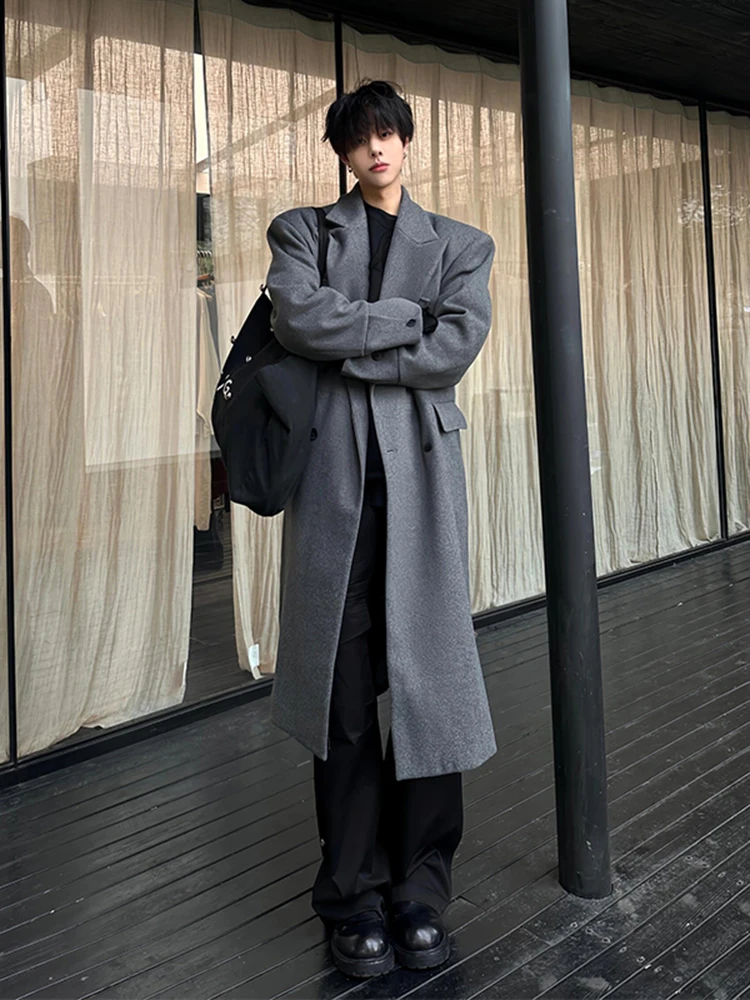 

Korean Sle Double Row Button Mid-Length Woolen Coat Men's Winter High-End Briti Sle Pad oulder Woolen Jaet