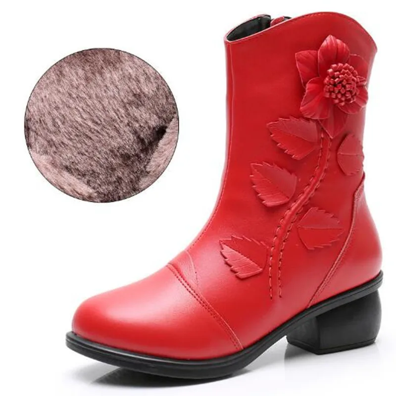 الفاخرة النساء أحذية امرأة اليدوية خمر جلد طبيعي أحذية بكعب منخفض جولة تو جودة عالية الشتاء موضة منتصف العجل الأحذية #3