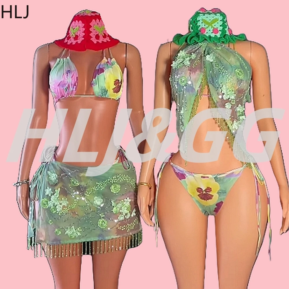 

HLJ Green Sexy Flower Embroidered Sequins See Though 3 Piece Sets Women Deep V Halter Backless Slim Bikini Suit Summer Beachwear