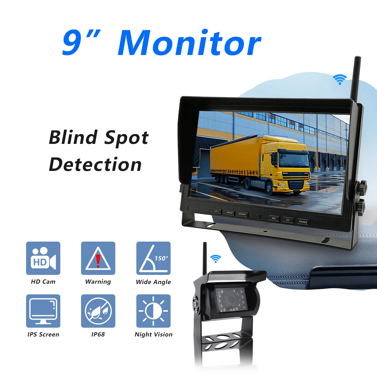Digital Wireless Backup Camera System 9 Inch  Wireless Reverse Dust Proof  Monitor Wide Voltage Less Than 60V for Heavy Duty