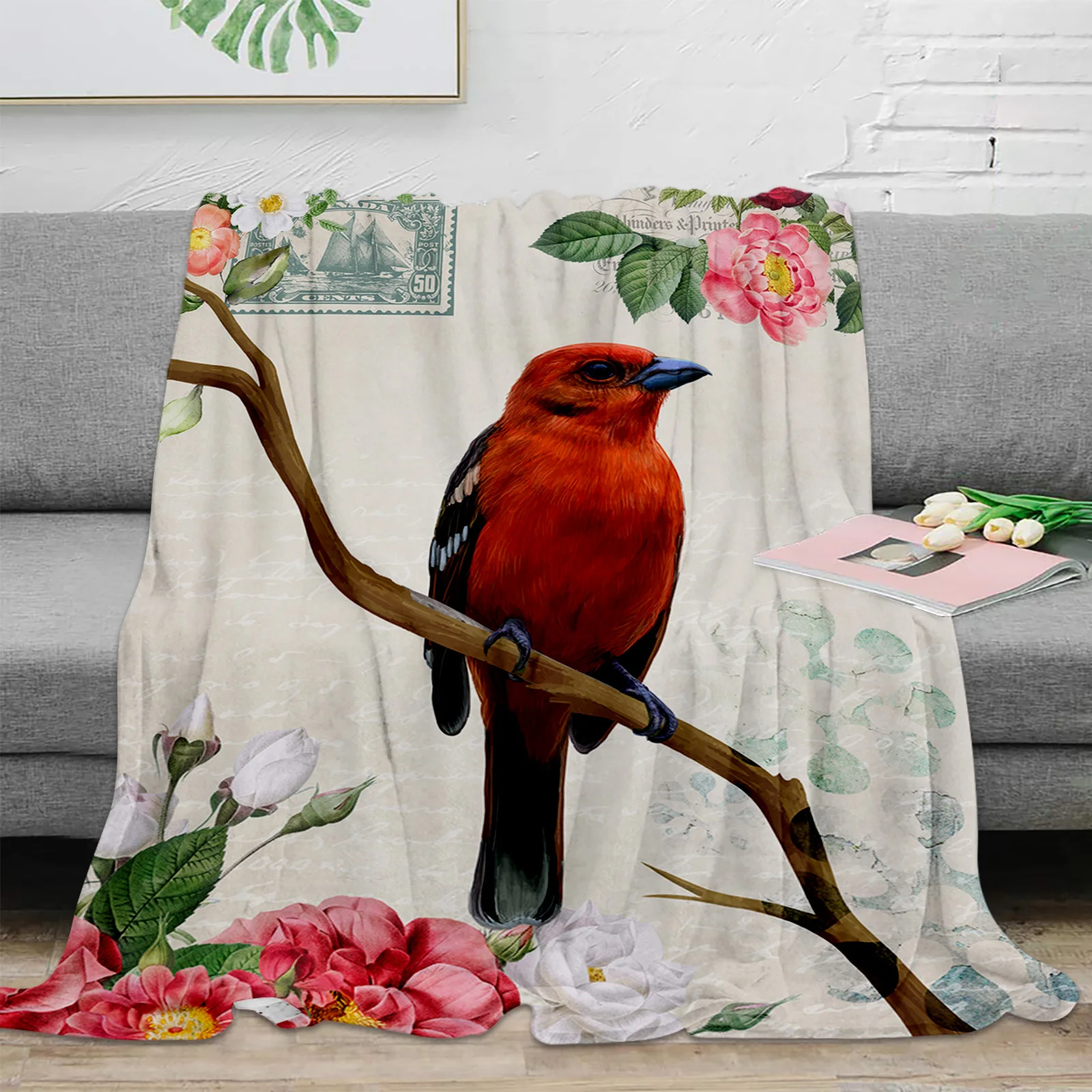 

Vintage Flowers And Birds Throw Blanket Warm Plush Blankets Portable Travel Camping Picnic Blanket