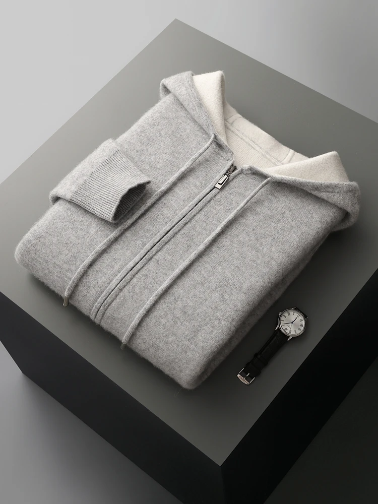 Men's Hoodie Cardigan Thick Cashmere Sweater Autumn Winter 100% Merino Wool Knitwear Soft Warm Comfy Cashmere Sweater Coat Tops