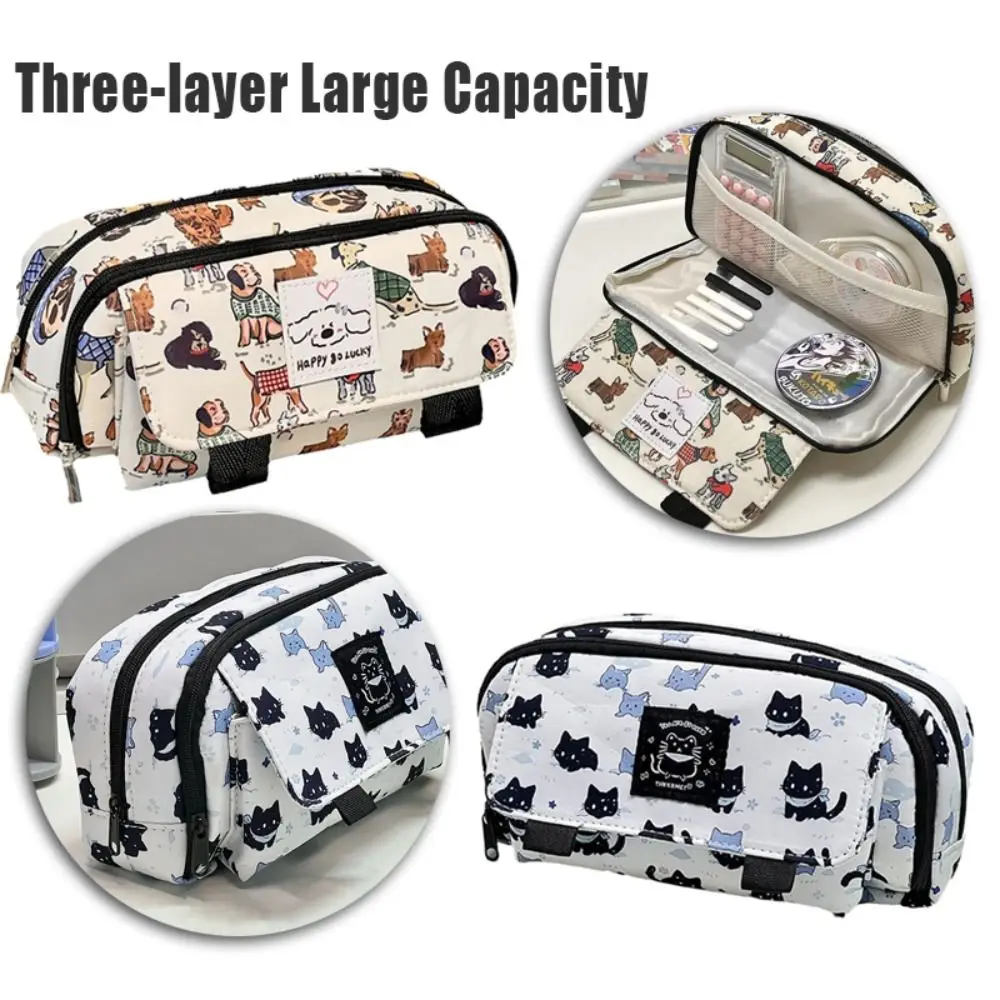 

Portable Canvas Pen Bag Cute Cat Flip Cover Stationery Bag Retro Puppy Large Capacity Pencil Case Student