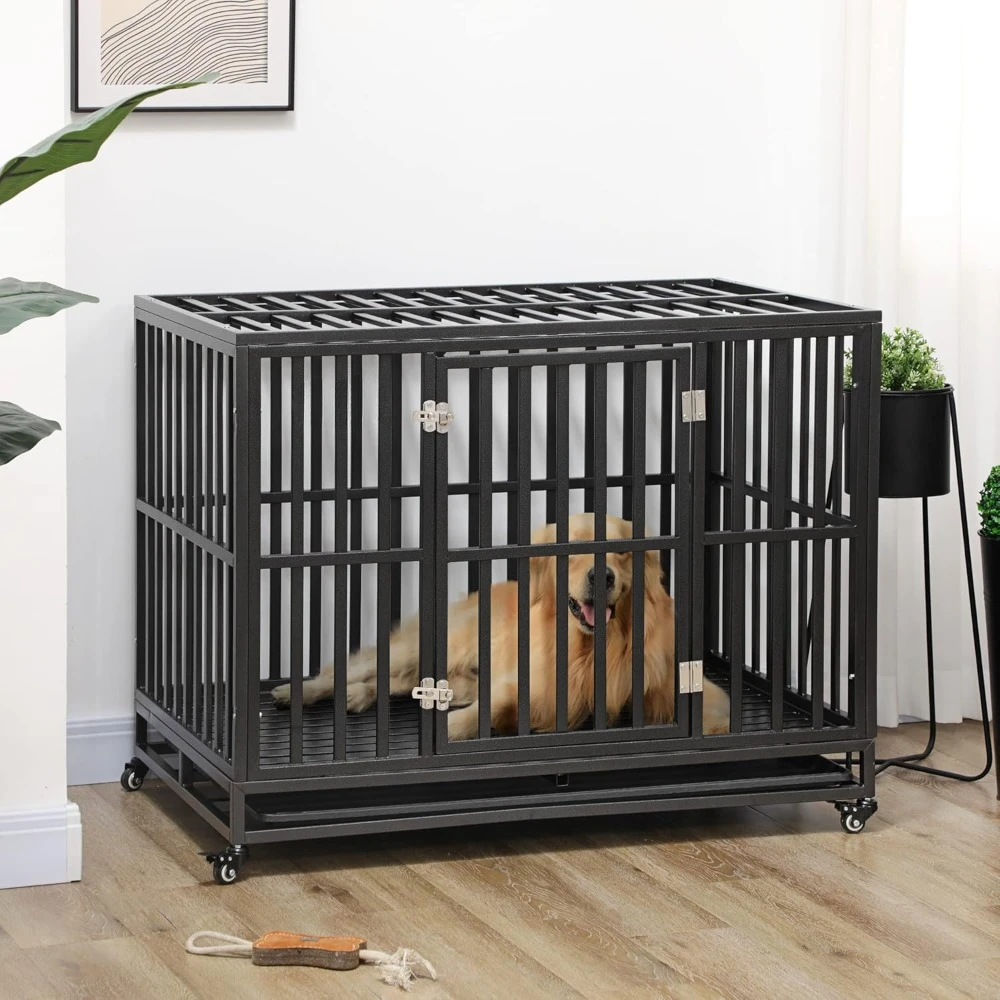 

Heavy Duty Dog Crate Metal Kennel and Cage Dog Playpen with Lockable Wheels, Slide-Out Tray and Anti-Pinching Floor