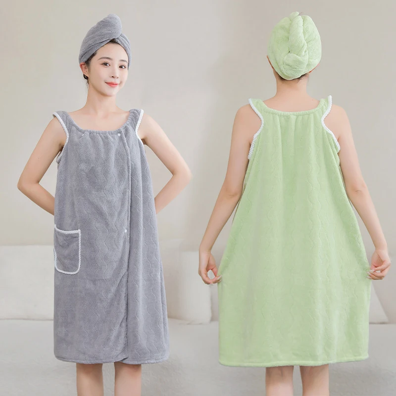 2PCS Women Microfiber Dry Hair Cap Home Wearable Bathrobe Girl Soft Skin-Friendly Absorbent Bath Towel Set Bathroom Sauna Towel