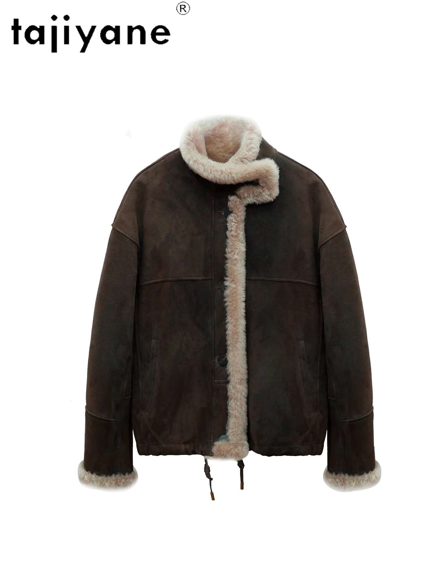 TAJIYANE Natürliches Merino-Schaffell mit angebrachtem Wolljacken, Stehkragen, Echtpelzjacke, Damenbekleidung, 2025, Winter-Oberbekleidung