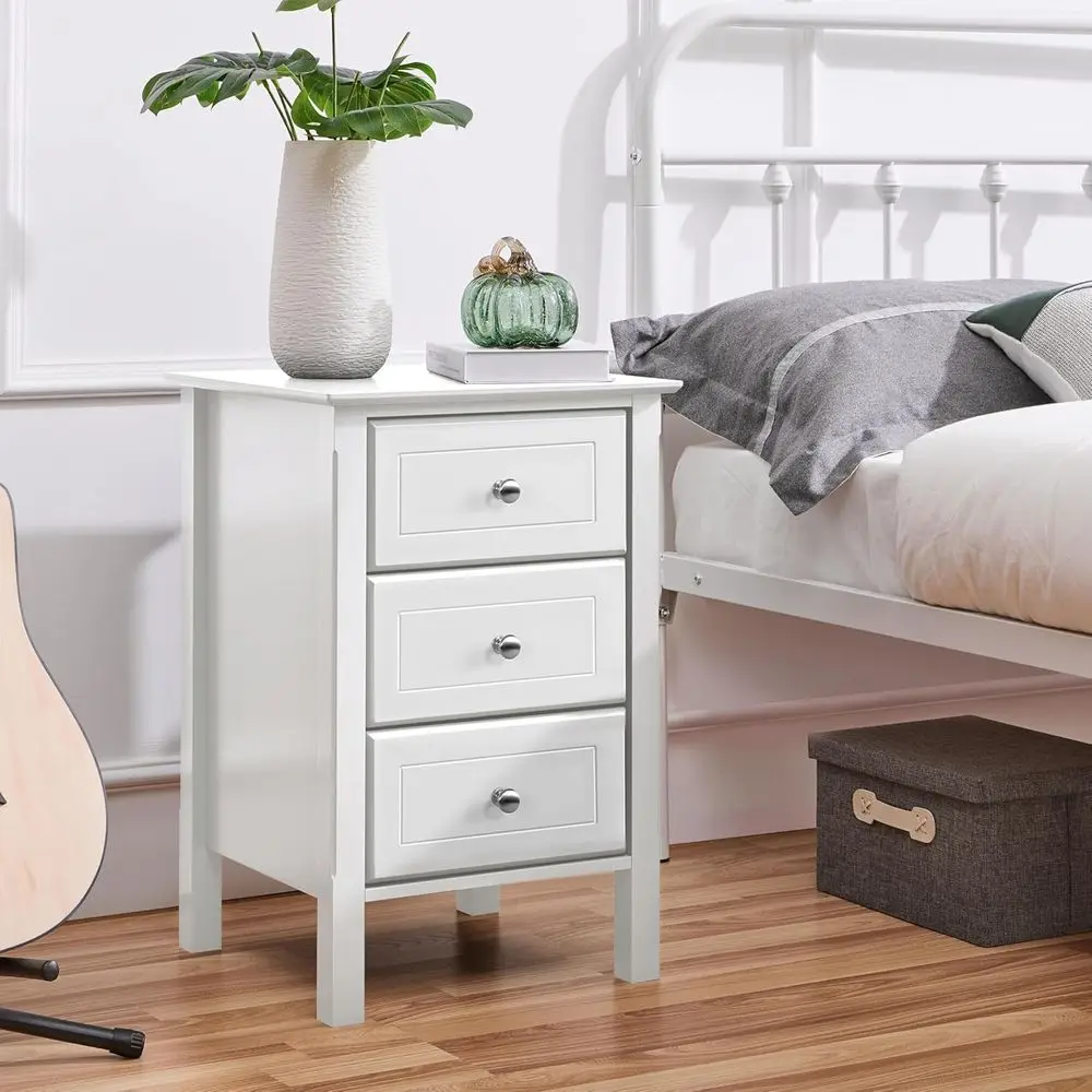 White Wooden 3-Drawer Nightstand for Bedroom, Compact Storage with Solid Wood Legs, Easy Assembly, Ideal for Home Office and Sma