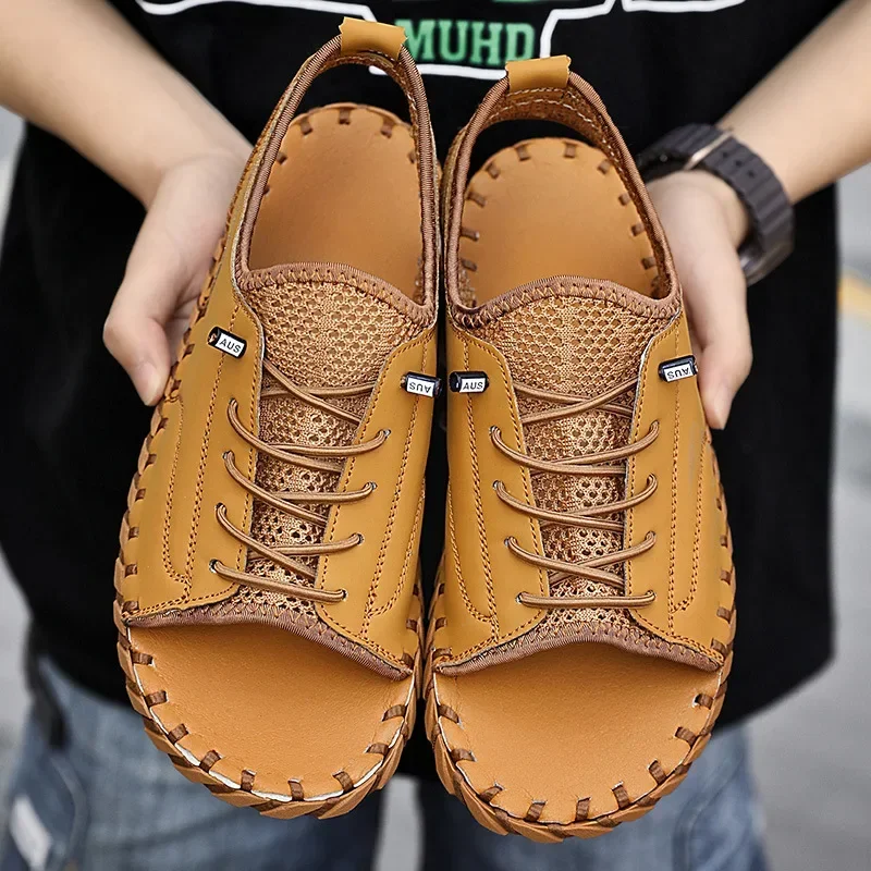 

Повседневные модные мужские сандалии ручной работы, дышащие уличные летние кожаные сандалии большого размера с резиновой подошвой и улучшенной строчкой