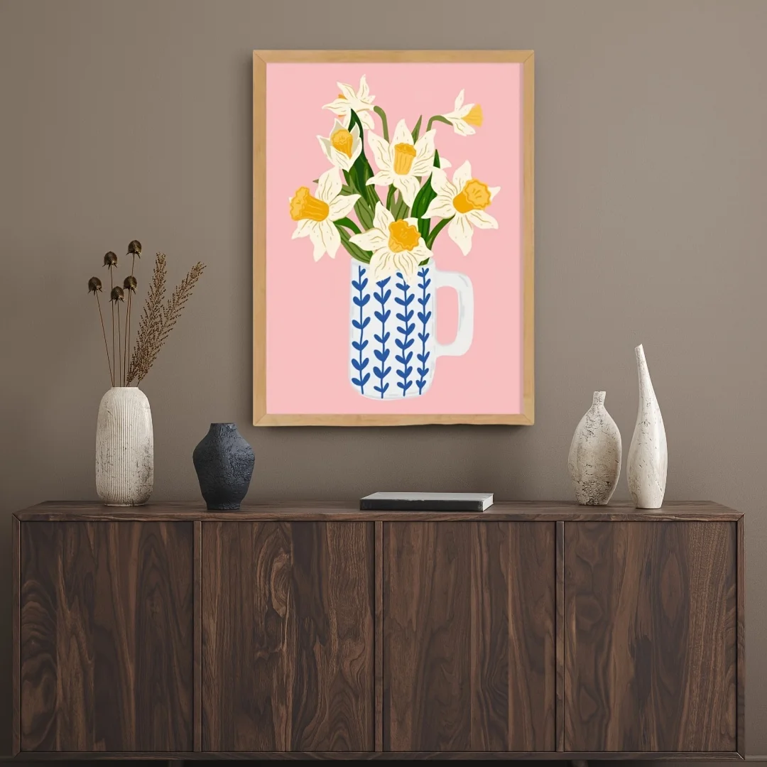 2D Flat, Vibrant Spring Daffodil & Daisy Wall Art Suitable for Modern Kitchen, Bedroom Decor - Frameless Canvas Print with Ho