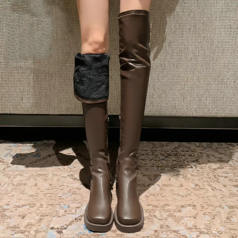 

Теплая женская плюшевая обувь из мягкого искусственного меха на подкладке до бедра, зимняя обувь выше колена, эластичные зимние сапоги выше колена на массивном среднем высоком каблуке