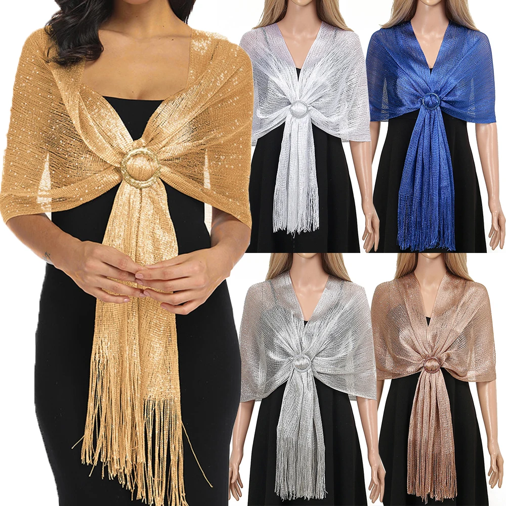 

Sparkling Metallic Scarf With Buckle Women's Evening Party Shawl Gold Silver Shiny Shawls For Bridal Bridesmaid Wedding Wraps