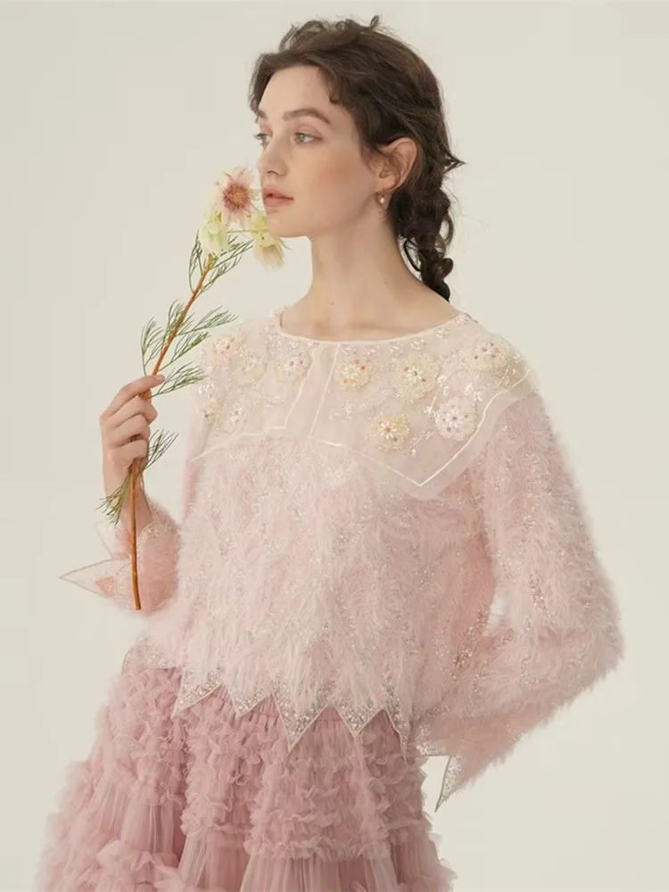 

100 см осенние розовые пуловеры с бюстом, свитера, женские элегантные свободные роскошные свитера ручной работы с бисером и блестками, вышивка феи